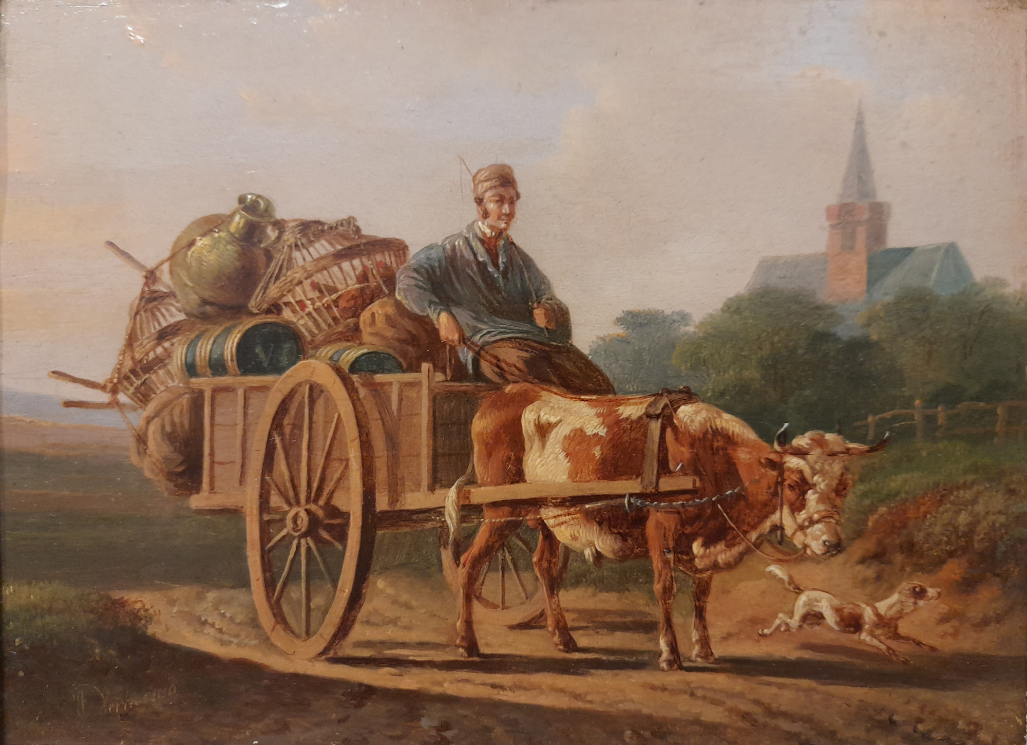 Albertus Verhoesen - Een boer op een koeienwagen met pluimvee - Liquid Sky Gallery