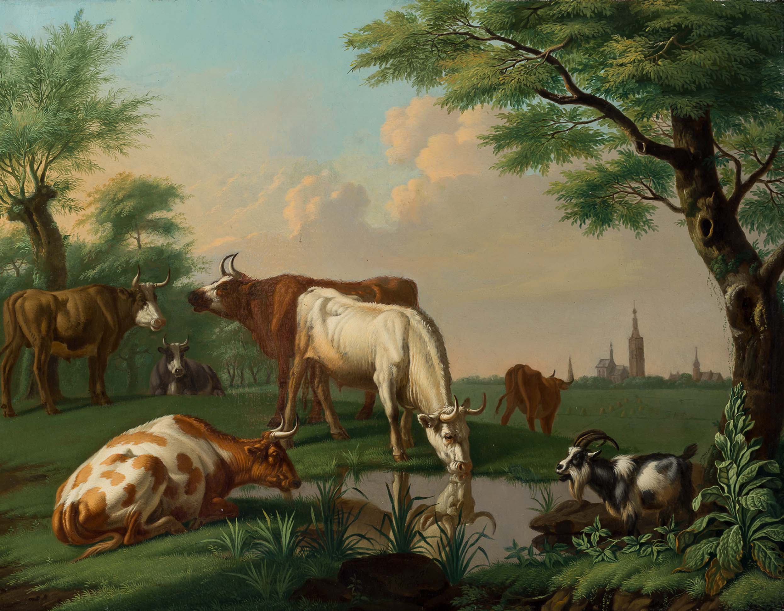 Jan van Gool - Koeien en een geit bij een waterplek - Liquid Sky Gallery